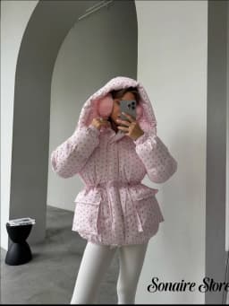 Women Floral Print Hooded Puffer Jacket Drawstring Waist Zipper Long Sleeve Loose Warm Quilted Coat Fall Winter Street Outwear