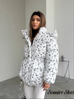 Women Floral Print Hooded Puffer Jacket Drawstring Waist Zipper Long Sleeve Loose Warm Quilted Coat Fall Winter Street Outwear