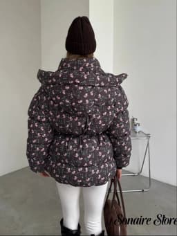 Women Floral Print Hooded Puffer Jacket Drawstring Waist Zipper Long Sleeve Loose Warm Quilted Coat Fall Winter Street Outwear