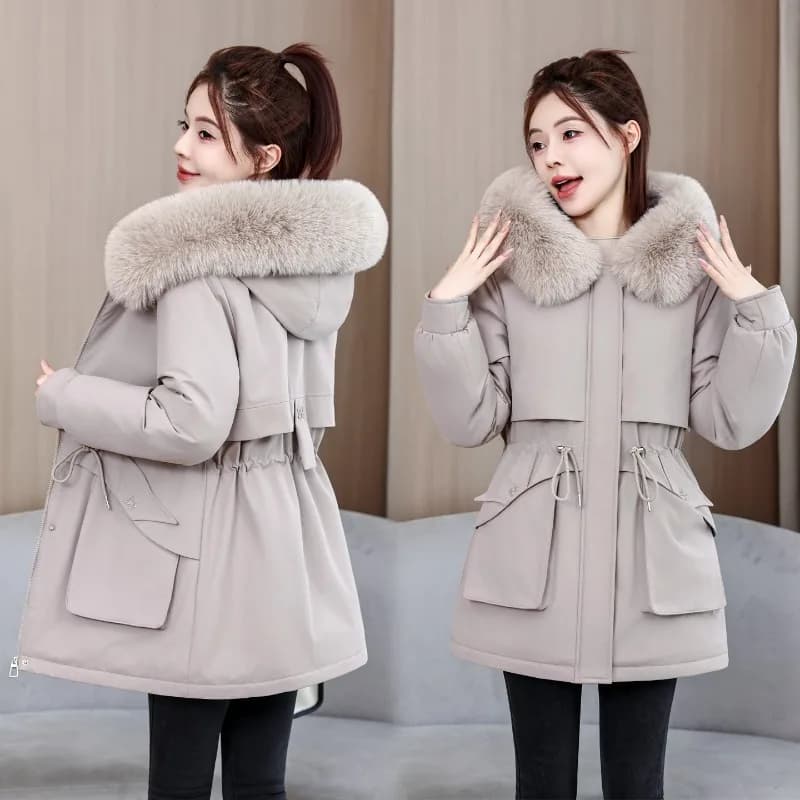 2026 Fashion Women's Winter Parkas Down Cotton-padded Jacket Fleece Thicken Warm Fur Collar Hooded Coats Female Loose Outerwear