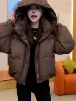 Fashionable Short Hooded Cotton Jacket Puffball Bread Design Compact Size Commute Style Long Sleeve Zipper Closure Winter Coat