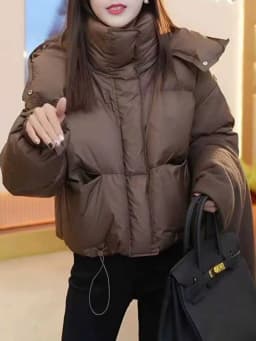 Fashionable Short Hooded Cotton Jacket Puffball Bread Design Compact Size Commute Style Long Sleeve Zipper Closure Winter Coat