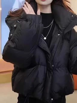 Fashionable Short Hooded Cotton Jacket Puffball Bread Design Compact Size Commute Style Long Sleeve Zipper Closure Winter Coat