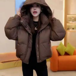 Fashionable Short Hooded Cotton Jacket Puffball Bread Design Compact Size Commute Style Long Sleeve Zipper Closure Winter Coat