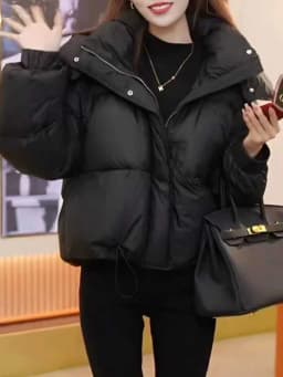 Fashionable Short Hooded Cotton Jacket Puffball Bread Design Compact Size Commute Style Long Sleeve Zipper Closure Winter Coat