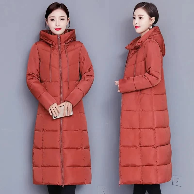 Winter 2023 New Down Cotton-Padded Jacket Long Loose Fashion Coat Thickened Outerwear Warm Zipper Hooded Solid Color Overcoat