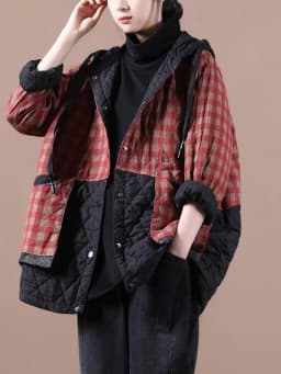 Thiened Cotton Jaet Women's Autumn Winter Plaid Splicing Coat Button Design Casual Artistic Sle Long Sve Hooded Coat