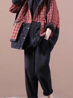 Thiened Cotton Jaet Women's Autumn Winter Plaid Splicing Coat Button Design Casual Artistic Sle Long Sve Hooded Coat