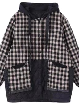 Thiened Cotton Jaet Women's Autumn Winter Plaid Splicing Coat Button Design Casual Artistic Sle Long Sve Hooded Coat