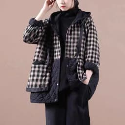 Thiened Cotton Jaet Women's Autumn Winter Plaid Splicing Coat Button Design Casual Artistic Sle Long Sve Hooded Coat