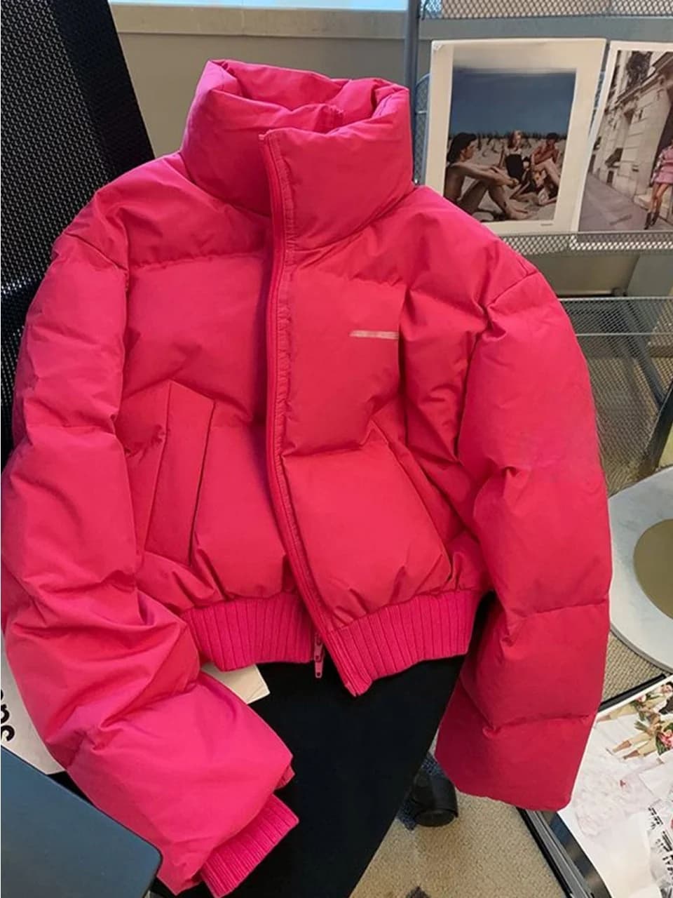 Elegant Pink Short Cotton Jacket Women's plus Size Bread Coat Winter New Style Commute Straight Tube Long Sleeve Zipper Pure ...