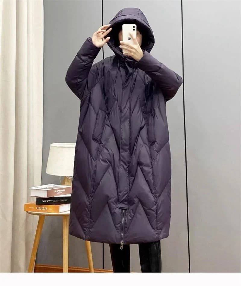 Retro Commuting Loose And Thick Down Cotton jacket for women, New Over The Knee long Plus Size Hooded Parka Winter Outwear Red