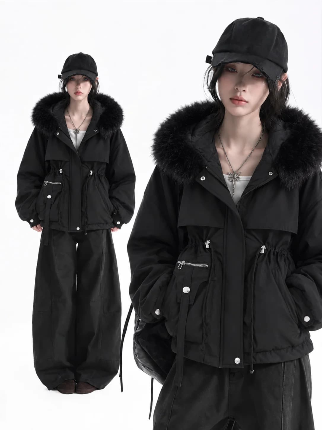 Women Faux Fur Collar Cotton‑padded Parkas Autumn Winter Lace Up Loose Short Coat With Pockets Commute Fashion Lady Outerwear