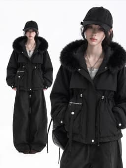Women Faux Fur Collar Cotton‑padded Parkas Autumn Winter Lace Up Loose Short Coat With Pockets Commute Fashion Lady Outerwear