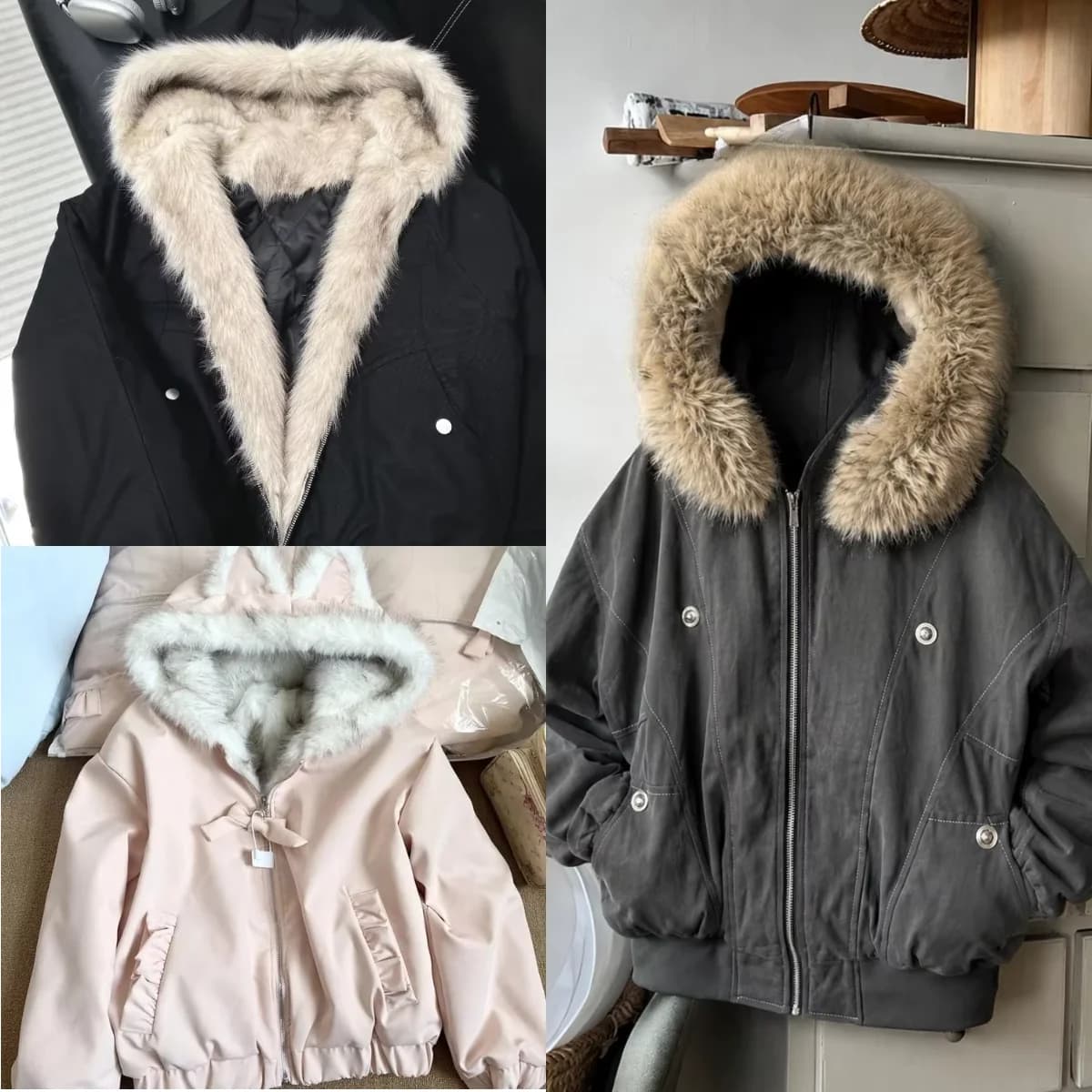 Y2K American Vintage Women Winter Faux Fur Collar Jacket Korean Harajuku Style Warm Cotton‑padded Parka Outerwear Coat