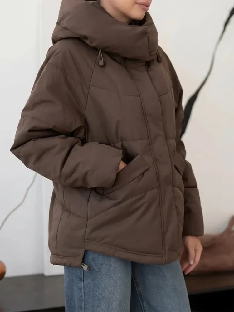 Dark Brown Hooded Padded Outerwear Minimalist Drawstring Long Sleeve Loose Coat 2026 Winter New Daily Outdoor Casual Jackets