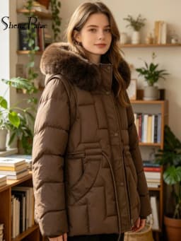 SHENGPALAE Women Puffer Coat Faux Fur Hood Short High Waist Elastic Hem Thick Bread Outerwear Autumn 2026 New 05E03425