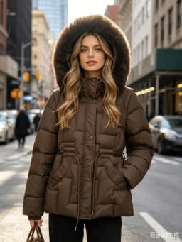 SHENGPALAE Women Puffer Coat Faux Fur Hood Short High Waist Elastic Hem Thick Bread Outerwear Autumn 2026 New 05E03425