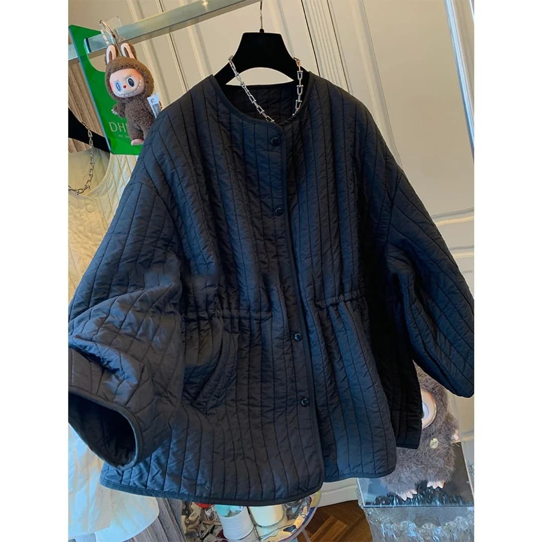 Retro Quilted Cotton Jacket Women's Winter Thickened Warm round Neck Loose Fit Versatile Cotton Coat Stylish Small Cotton Padded