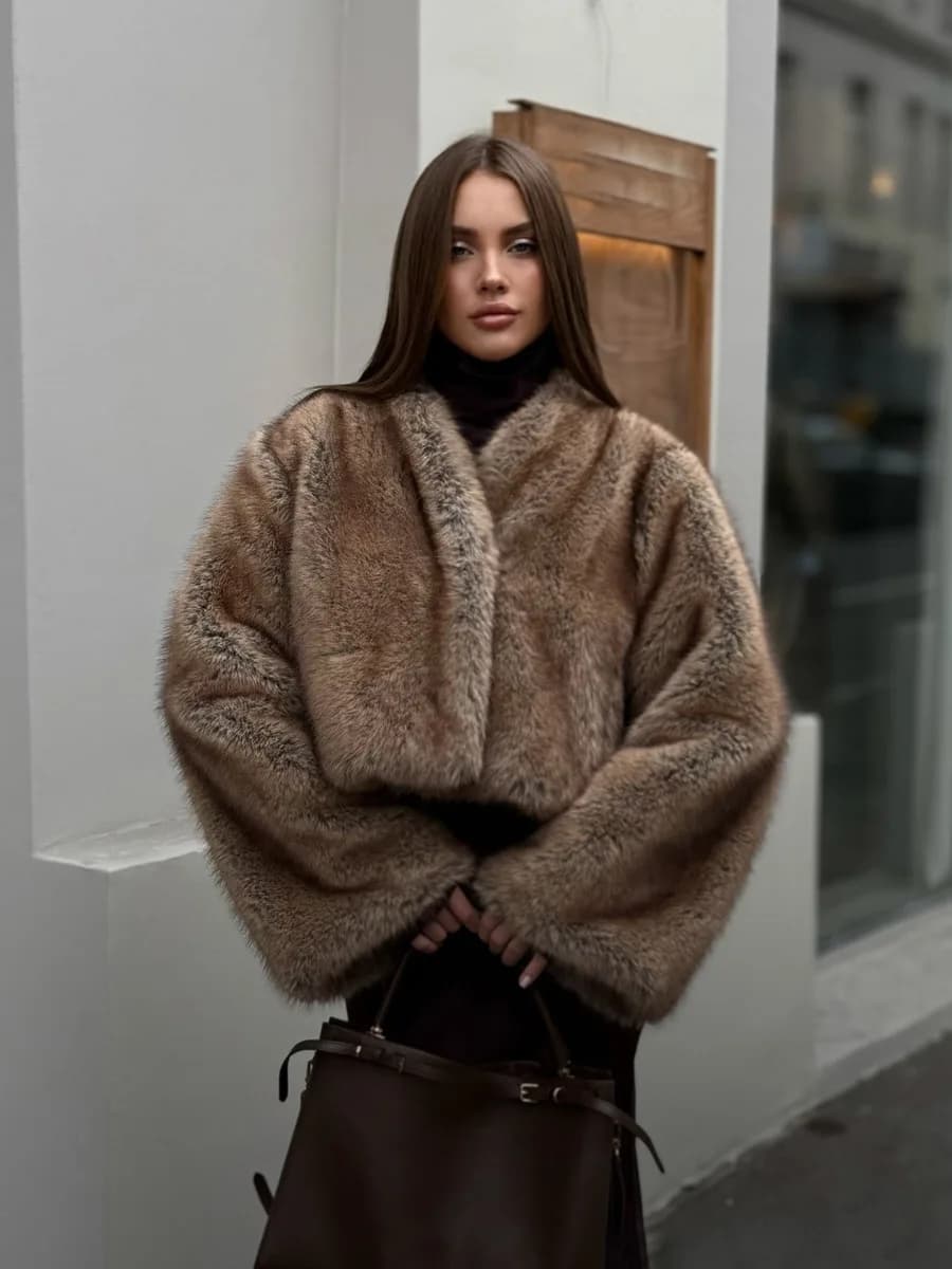 Winter Faux Fur Jacket Coat Women V Neck Cropped Batwing Long Sleeve Fluffy Mottled Tone Thicken Warm Loose Oversized Outerwear