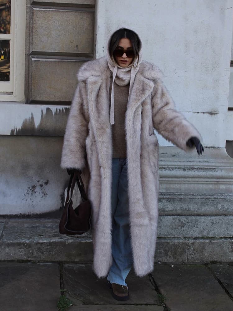 Winter Lace Up Wool Fluffy Fur Jacket Women Long Thick Wram Faux Fur Coat Fashion Street Wide Lapel Jacket Outerwear Overcoat