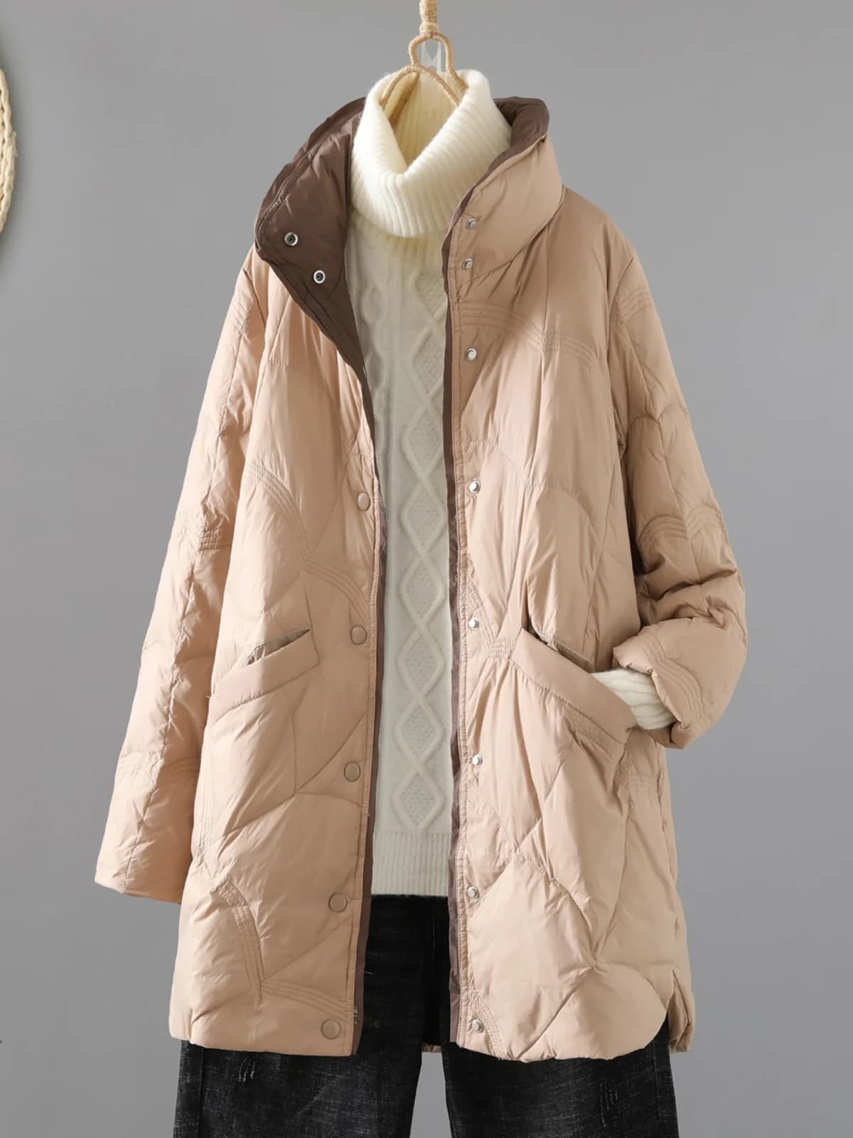 Artistic Loose Fit Long Lightweight Cotton Jaet Women's Winter Casual Warm Coat Stand Collar Color Blo Outerwear