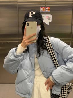 Blue Short down Jacket Women's Winter New Design Small Size INS Cotton Bread Style Outerwear Thickened Long Sleeve round Neck