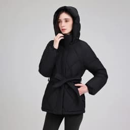Belted Waist Quilted Puffer Coat Women Hooded Elastic Cuff Zip Closure Slim Fit Casual Jackets Autumn Winter Outerwear Trendy