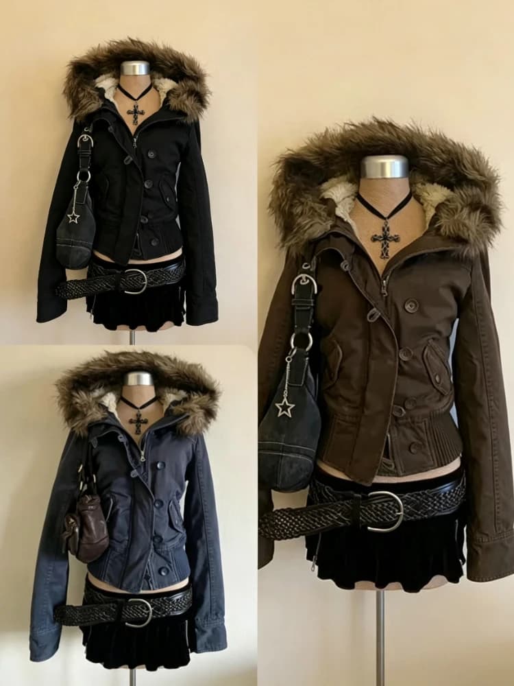 American Vintage Faux Fur Parkas Coats 2026 Y2k Retro Cotton‑padded Jacket Korean Fashion Warm Casual Outwear Tops Winter