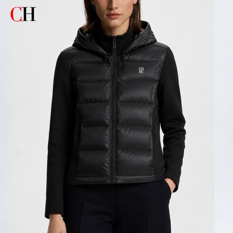 CH Women Hooded Zip Up Jacket Mixed Fabric Drawstring Hood Chest Embroidery Casual Ladies Outerwear Coats