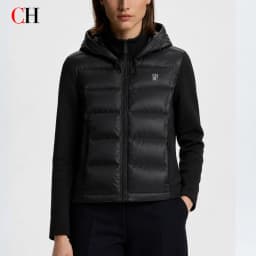 CH Women Hooded Zip Up Jacket Mixed Fabric Drawstring Hood Chest Embroidery Casual Ladies Outerwear Coats