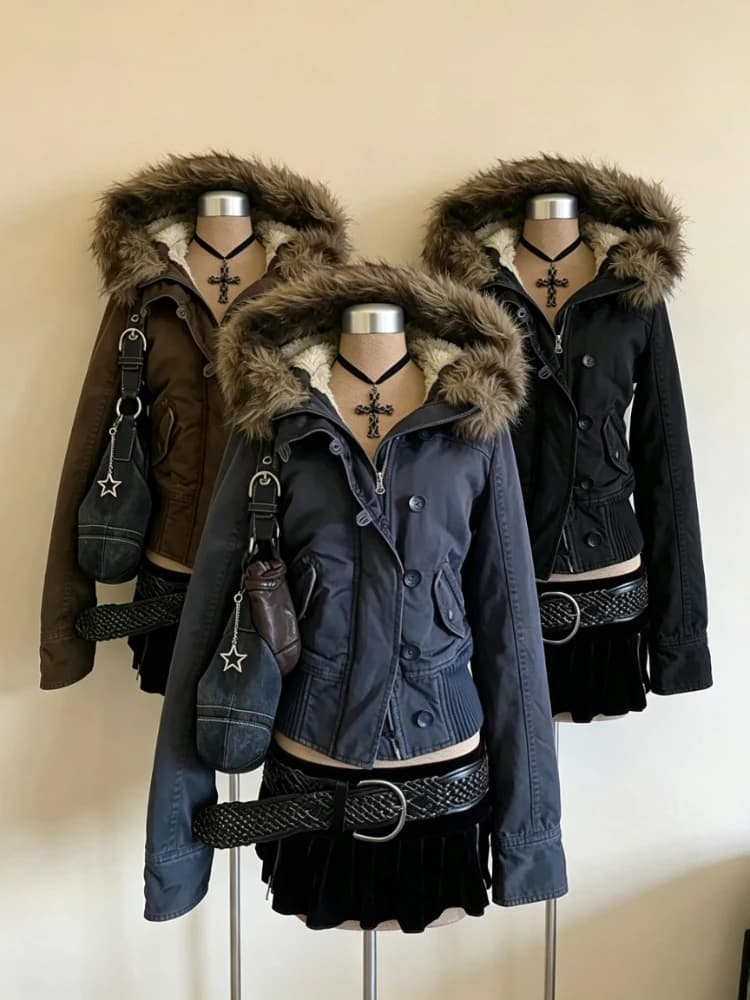 American Vintage Faux Fur Parkas Coats 2026 Y2k Retro Cotton‑padded Jacket Korean Fashion Warm Casual Outwear Tops Winter