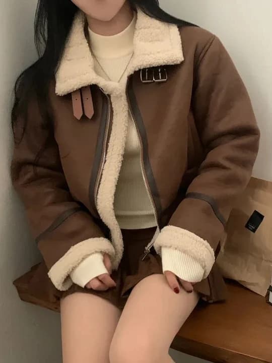Retro Korean Style Suede Motorcycle Jacket Women's Loose Casual Fashionable Cotton Outerwear Alluring Comfortable Coat