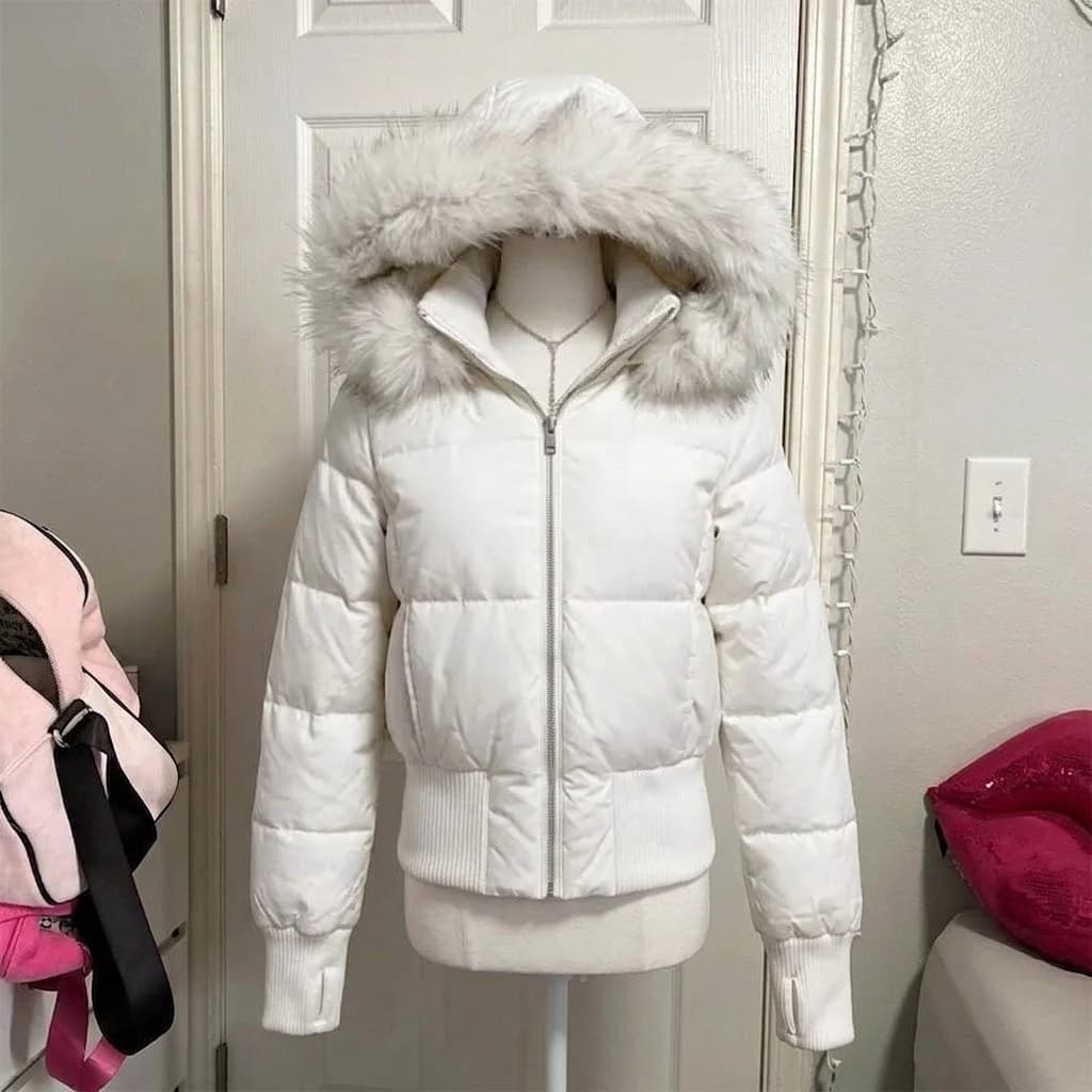 Y2K Vintage American Women Faux Fur Collar Long Sleeve Jacket Solid Color Japanese Harajuku Streetwear Casual Outer Coat Winter