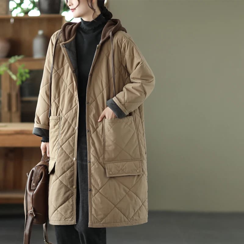 Japanese Style Winter Thickened Lightweight Cotton Jacket Women's Hooded Quilted Mid-Length Coat Artistic Loose Fit Long Sleeve
