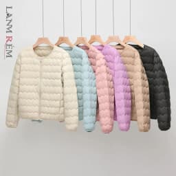 LANMREM Women Crew Neck Lightweight Short Down Jacket Wave Quilted Zipper Closure Portable Inner Wear Puffer Outerwear Coat