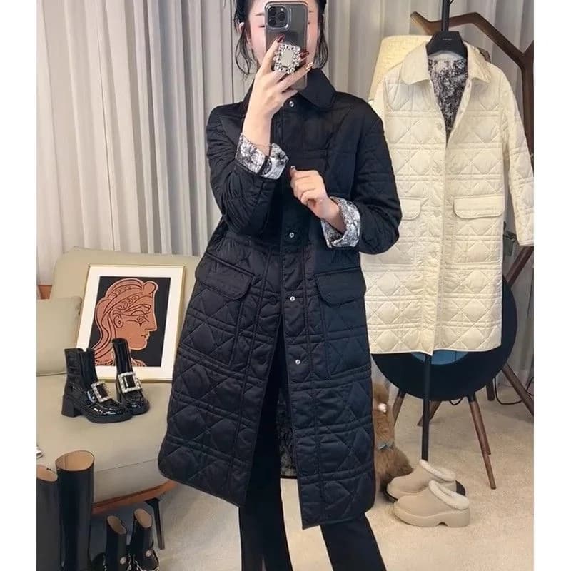 Trendy Korean Style Black Cotton Jacket Quilted Midi Coat Small Fragrance Style Diamond Pattern Commute Long Sleeve Collar