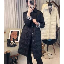 Trendy Korean Style Black Cotton Jacket Quilted Midi Coat Small Fragrance Style Diamond Pattern Commute Long Sleeve Collar