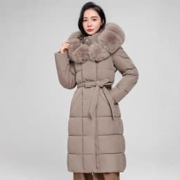SHENGPALAE Women Puffer Coat Faux Fur Hood Long Belted Waist‑cinched Thick Warm Elegant Outerwear Autumn 2026 New 05E03418