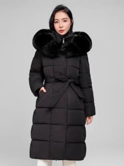 SHENGPALAE Women Puffer Coat Faux Fur Hood Long Belted Waist‑cinched Thick Warm Elegant Outerwear Autumn 2026 New 05E03418