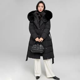 SHENGPALAE Women Puffer Coat Faux Fur Hood Long Belted Waist‑cinched Thick Warm Elegant Outerwear Autumn 2026 New 05E03418