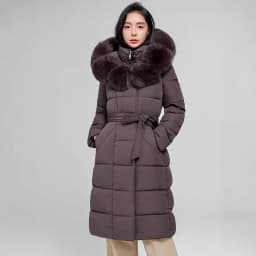SHENGPALAE Women Puffer Coat Faux Fur Hood Long Belted Waist‑cinched Thick Warm Elegant Outerwear Autumn 2026 New 05E03418