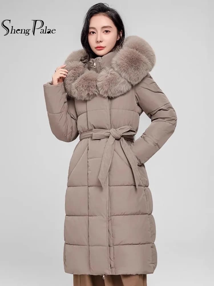 SHENGPALAE Women Puffer Coat Faux Fur Hood Long Belted Waist‑cinched Thick Warm Elegant Outerwear Autumn 2026 New 05E03418