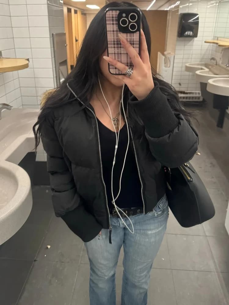 Korean Fashion Cropped Zip Up Puffer Parka Women Faux Fur Collar Ribbed Cuffs Thick Warm Winter Coat Casual Streetwear 2026