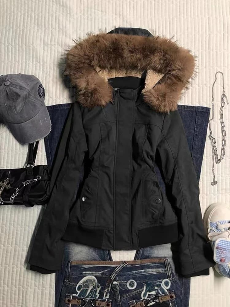 American Vintage Faux Fur Parkas Coats 2026 Y2k Retro Cotton‑padded Jacket Korean Fashion Warm Casual Outwear Tops Winter