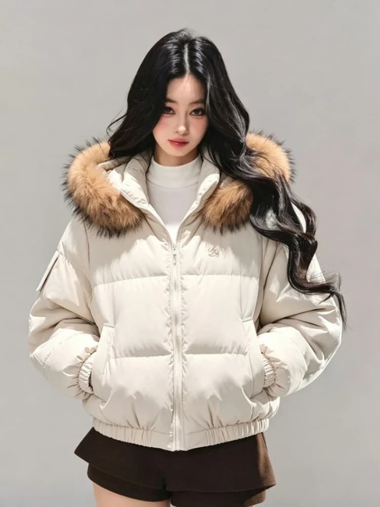 2026 Korean Fashion Women Faux Fur Collar Hooded Jacket Winter Warm Cotton Padded Coat Y2K Vintage Casual Parka Streetwear