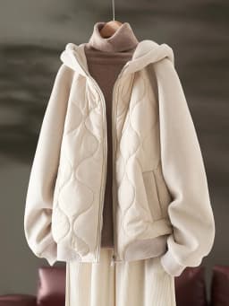Korean Style Women's Fleece Lined Hooded Jacket Patchwork Cotton Insert Warmth Anti Aging Top for Autumn Winter Commute