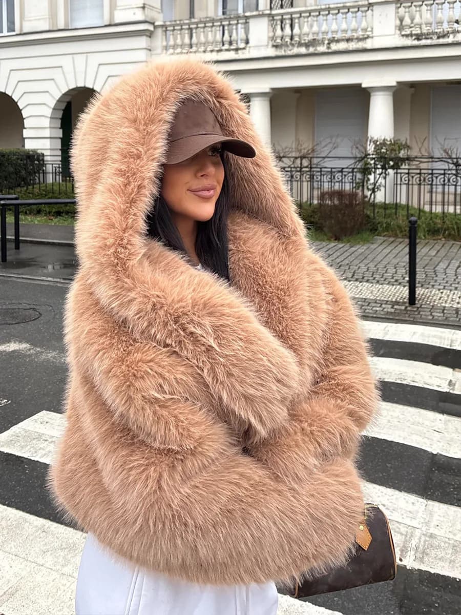 Winter Hooded Cropped Faux Fur Coat Women Fashion Fluffy Fox Fur Jacket High Quality Warm Thickened Cardigan Short Overcoat