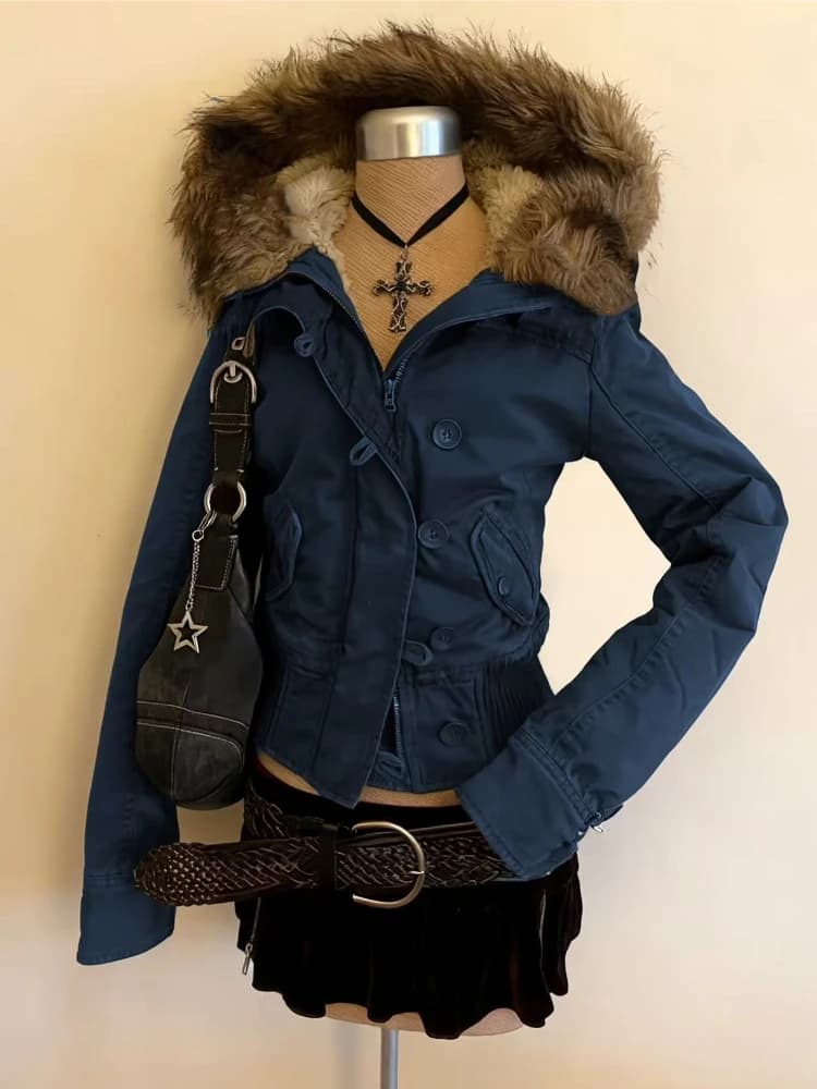 American Vintage Faux Fur Parkas Coats 2026 Y2k Retro Cotton‑padded Jacket Korean Fashion Warm Casual Outwear Tops Winter