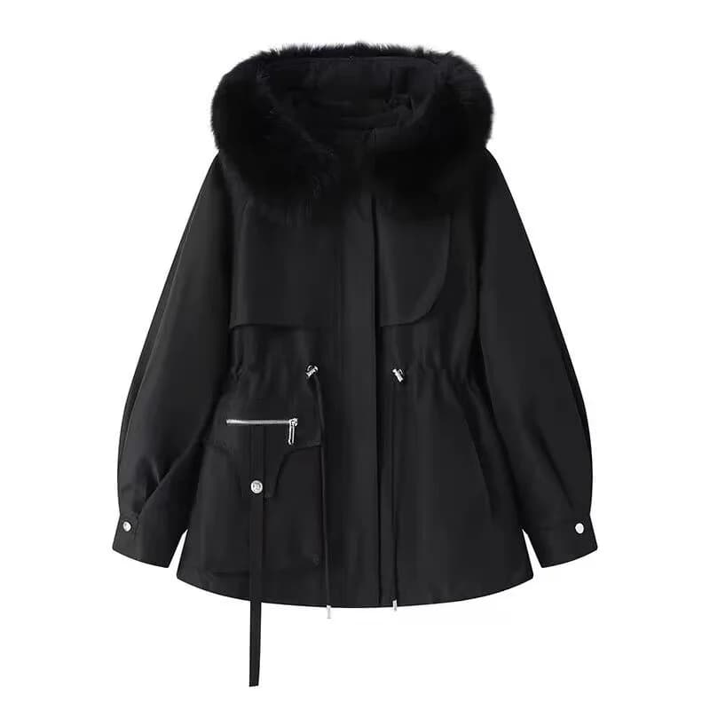 Lady Faux Fur Collar Cotton padded Jacket Autumn Winter Lace Up Loose Short Pocket Parkas Coats Commute Fashion Women Outwear